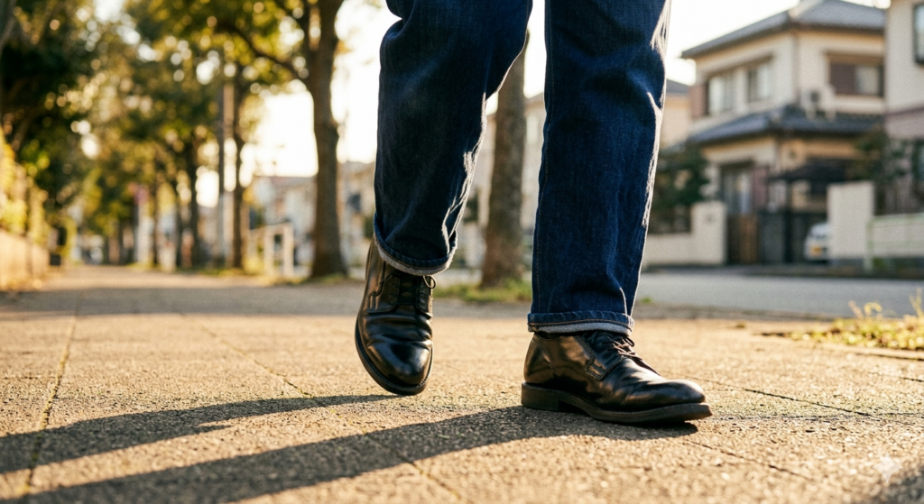 黄金色の西日に照らされた、履き込まれた黒のRED WING 101 POSTMAN OXFORDの足元。デニムの裾から覗く靴には美しいエイジングのシワが刻まれ、静かな住宅街の道に長く影が伸びている、自由と再起動を象徴する一枚。
